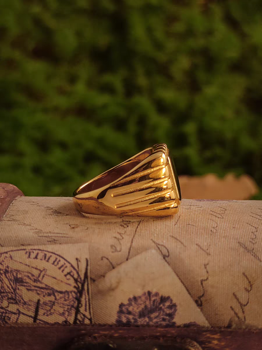 Kemstone Vintage Gold Viking Chain Band & Square Signet Ring – 18K Plated Titanium Steel