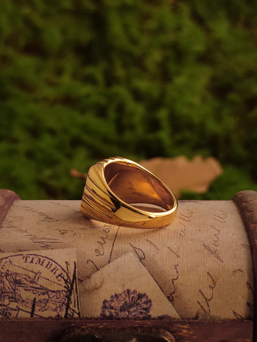 Kemstone Vintage Gold Viking Chain Band & Square Signet Ring – 18K Plated Titanium Steel