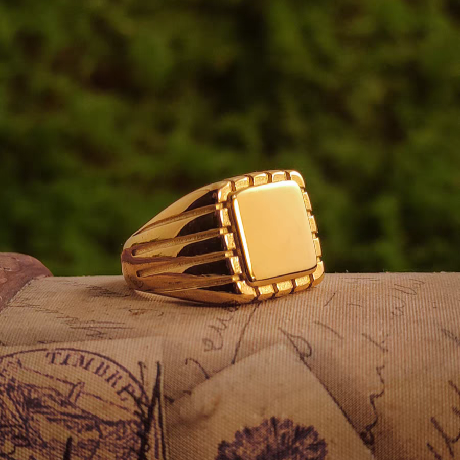 Kemstone Vintage Gold Viking Chain Band & Square Signet Ring – 18K Plated Titanium Steel