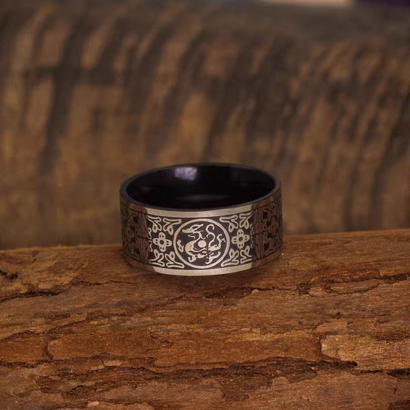 Kemstone Men’s Stainless Steel Wide Band Ring – Vintage Four Guardian Beasts Totem NW-JZ092