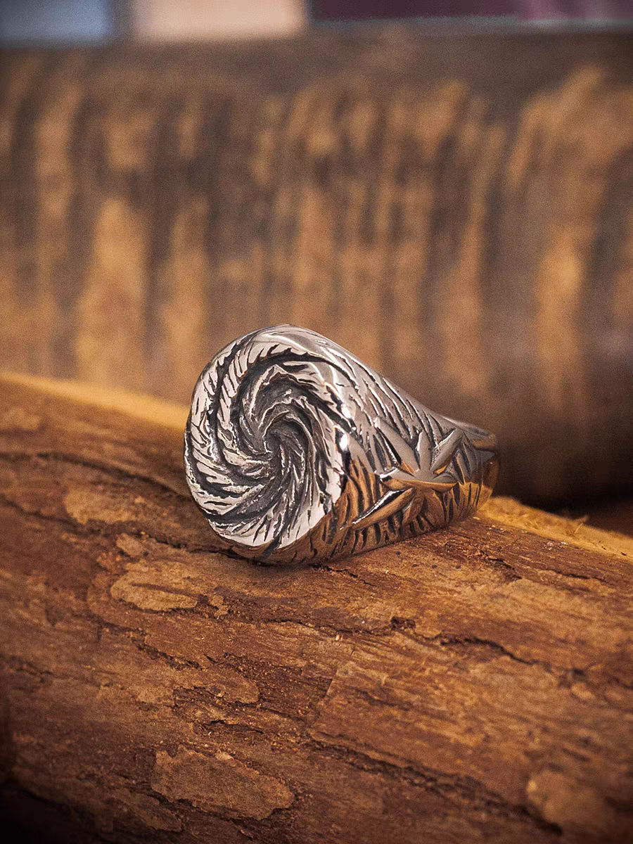 Kemstone Men’s Spiral Star Ring – Titanium Steel Wide Band, Vintage Street Style Jewelry NW-JZ120