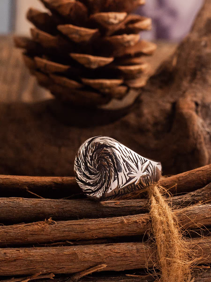 Kemstone Men’s Spiral Star Ring – Titanium Steel Wide Band, Vintage Street Style Jewelry NW-JZ120