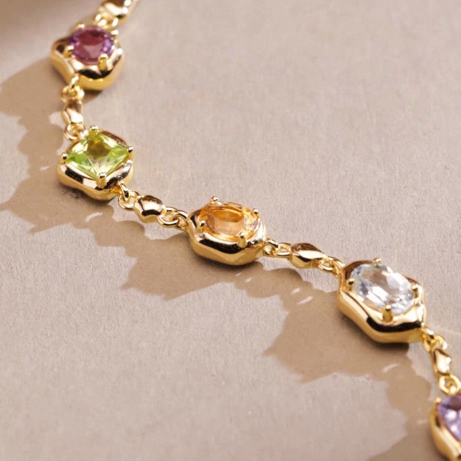Kemstone Colorful Gemstone Bracelet – 925 Silver Gold Plated, Natural Amethyst Peridot Citrine Topaz Design for Women EM-KKHP333