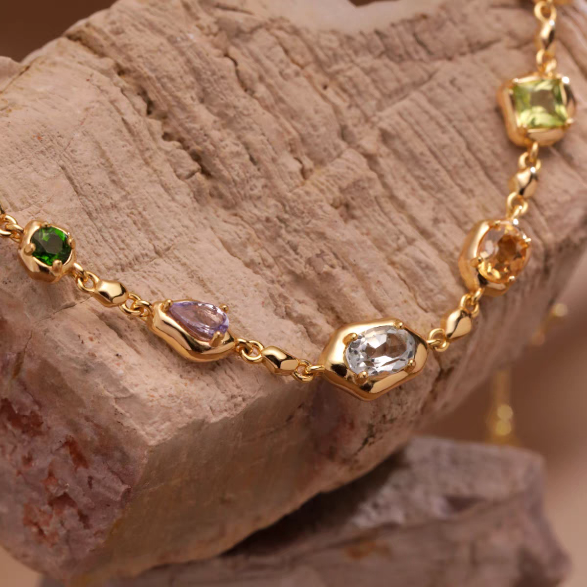 Kemstone Colorful Gemstone Bracelet – 925 Silver Gold Plated, Natural Amethyst Peridot Citrine Topaz Design for Women EM-KKHP333
