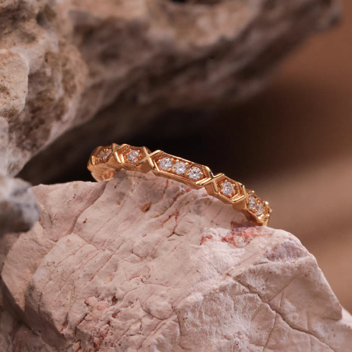 Kemstone Starlight Ring – 925 Silver Gold Plated Slim Stacking Band with Cubic Zirconia EM-YLZR183