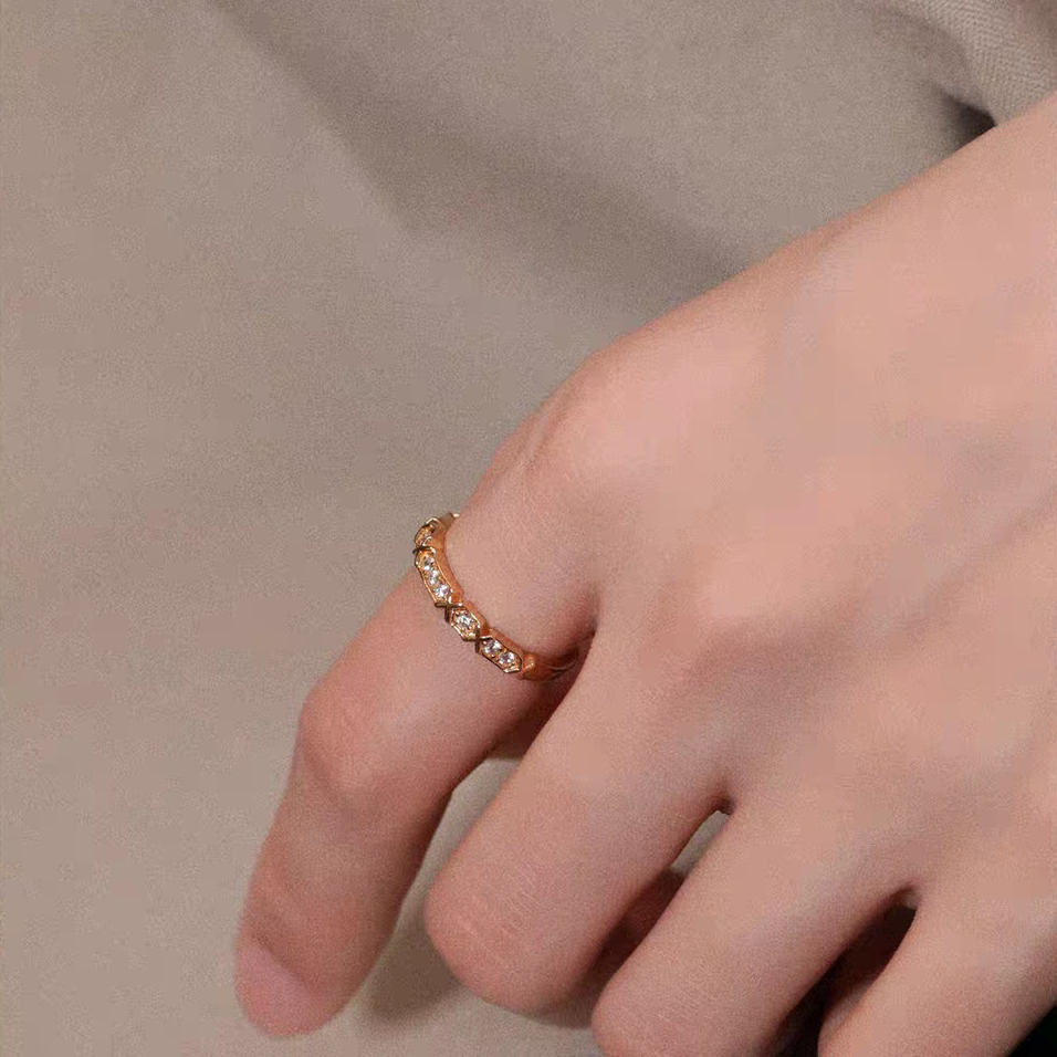 Kemstone Starlight Ring – 925 Silver Gold Plated Slim Stacking Band with Cubic Zirconia EM-YLZR183