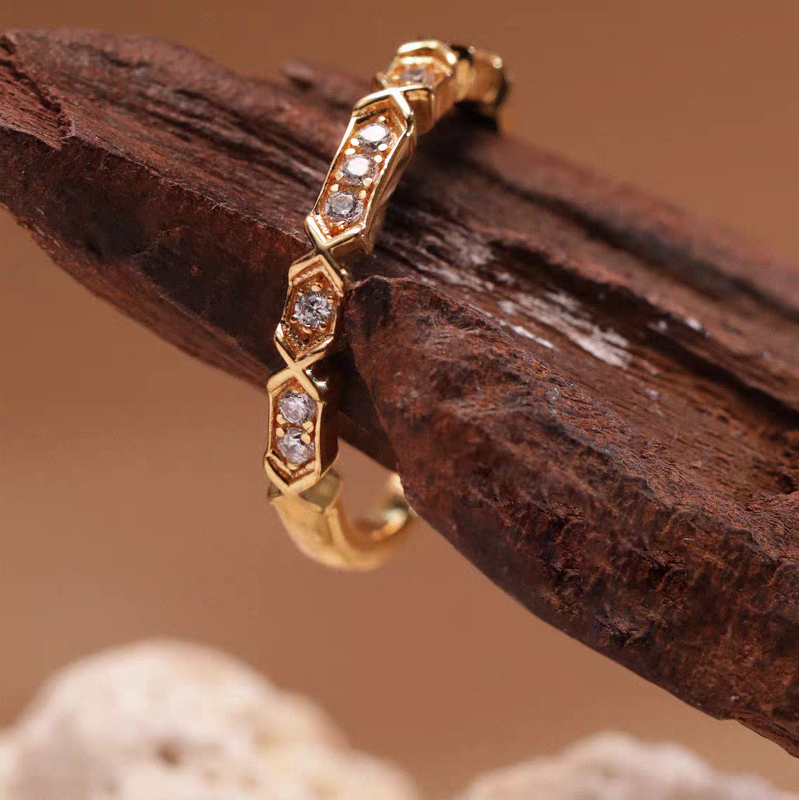 Kemstone Starlight Ring – 925 Silver Gold Plated Slim Stacking Band with Cubic Zirconia EM-YLZR183