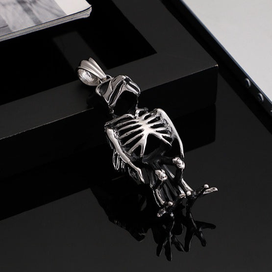 Kemstone Titanium Steel Owl Skeleton Necklace – Gothic Punk Jewelry for Men KP80011-BD