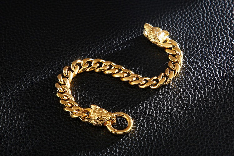 Set di catene in acciaio da uomo Kemstone - Bracciale e collana con testa di lupo per stile punk KB133023