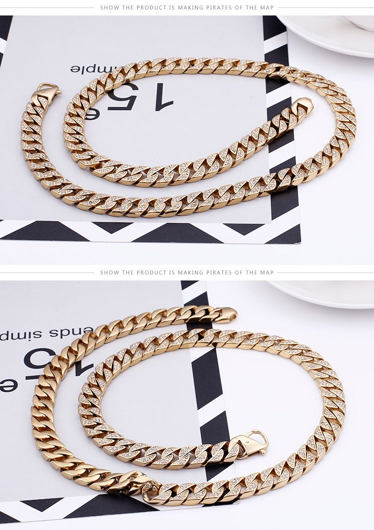 Kemstone Bold Cuban Link Chain - Stainless Steel Hiphop Necklace with Full-Cut Sparkling Stones KS102416-BD