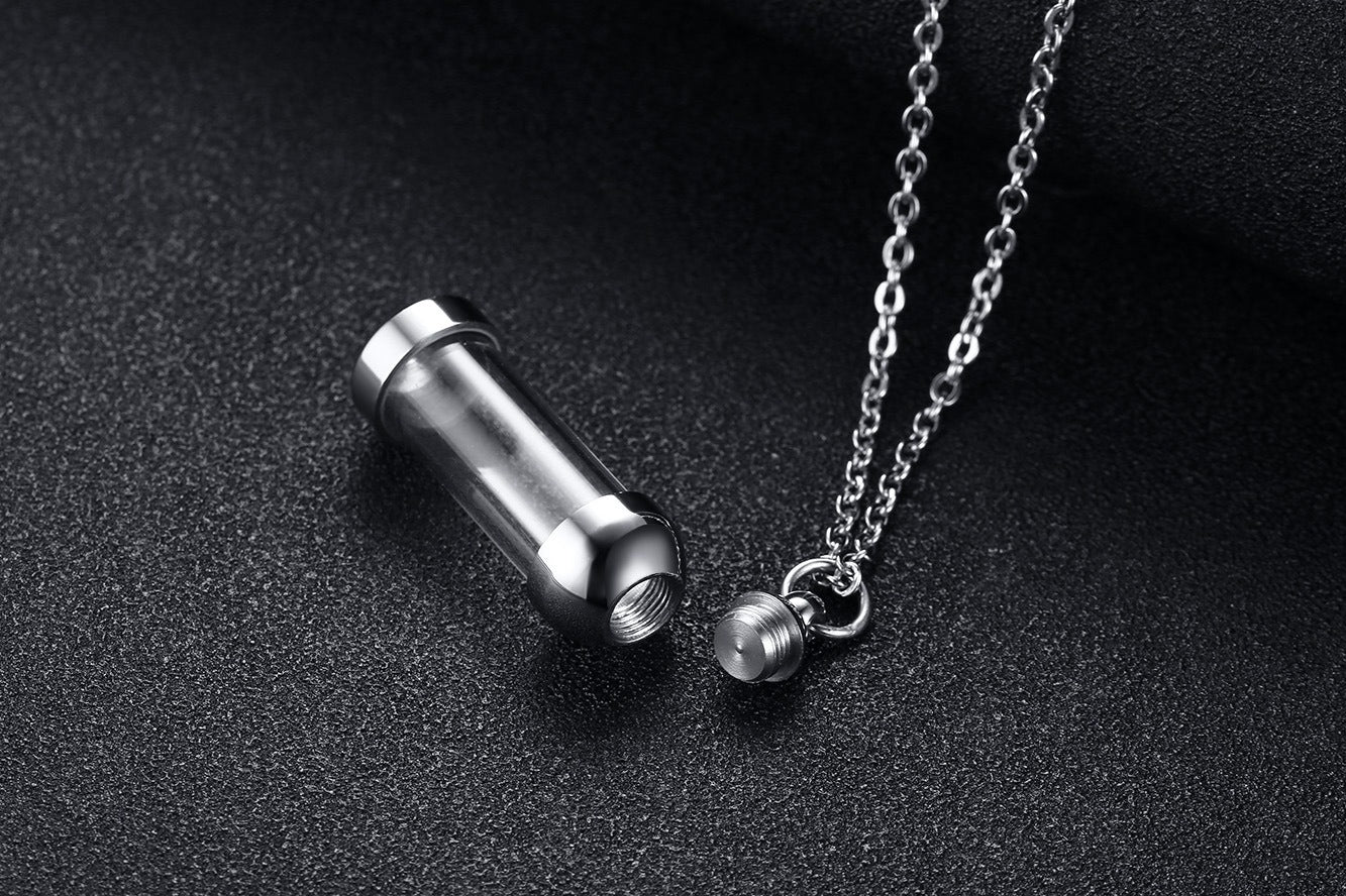 Kemstone Men’s Stainless Steel Glass Vial Pendant Necklace – Gothic Memorial Perfume Bottle Urn Amulet PN-716