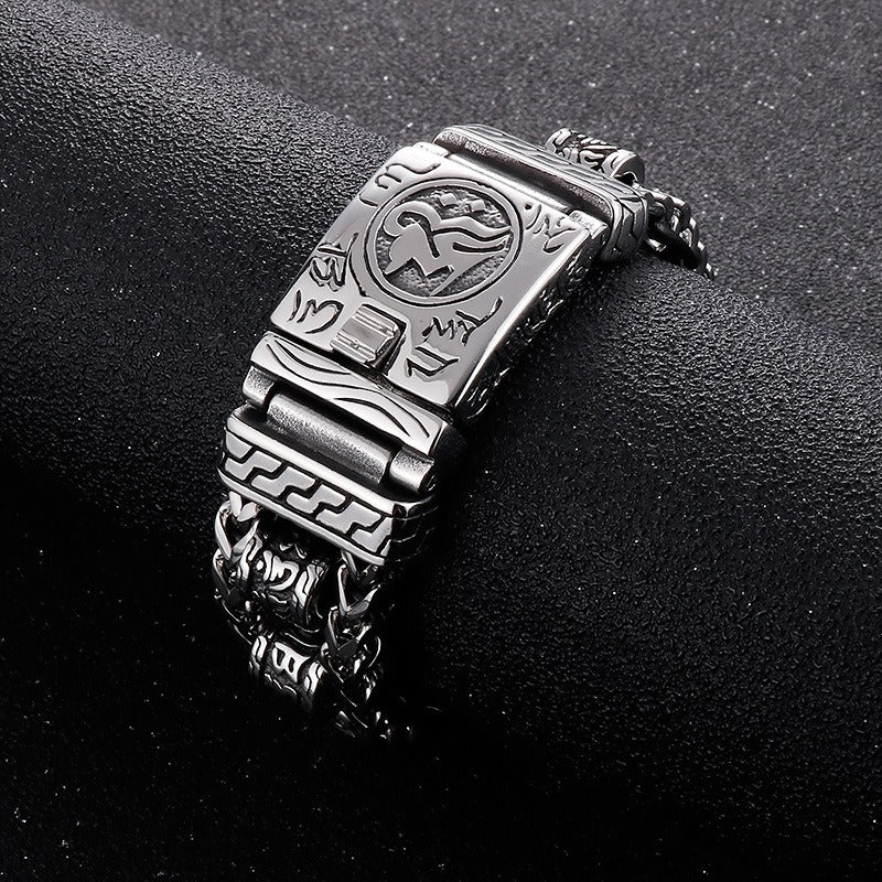Kemstone Vintage-Style Dragon Bone Chain Bracelet & Punk Hollow-Titanium Steel Man's Ancient Six-Syllable True-Word Necklace KB145903