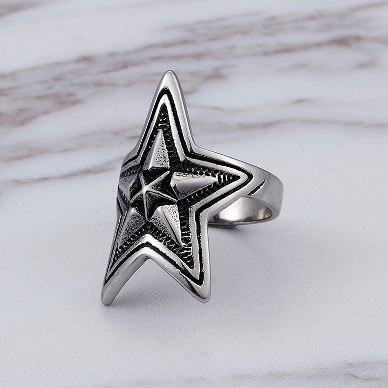 Anello geometrico in acciaio al titanio da uomo Kemstone - Design tribale con stella e ancora audace per abbigliamento streetwear hip hop KR44629-BD