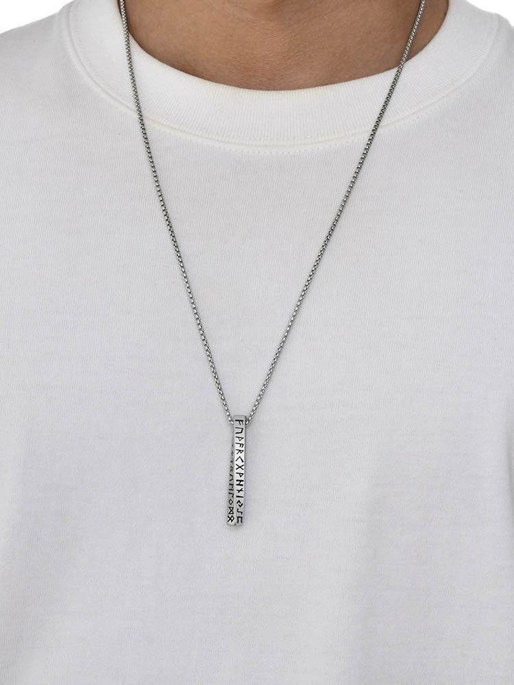 Kemstone Nordic Rune Bar Necklace – Stainless Steel Viking Pendant, Elder Futhark Engraving NC-1383