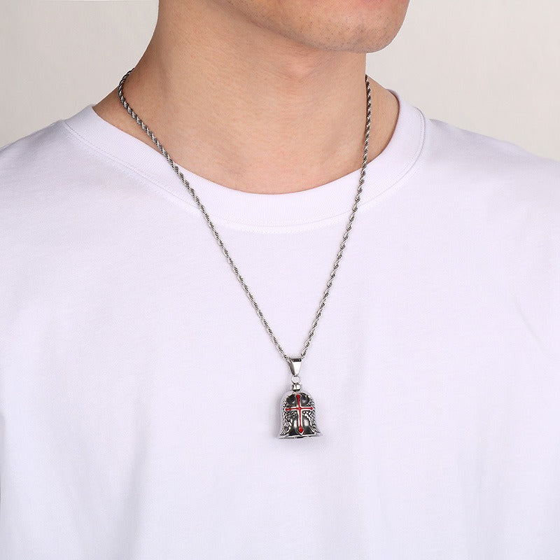 Kemstone Viking Symbol Bell Pendant Necklace for Men – Norse Masonic Cross Stainless Steel Biker Jewelry KP130935