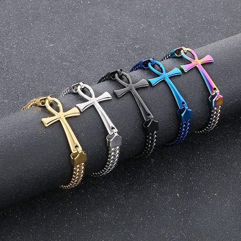 Kemstone Titanium Steel Rock 'n' Roll Dual-Weave Chain Bracelet with Vintage Cross Pendant KB164177-KFC