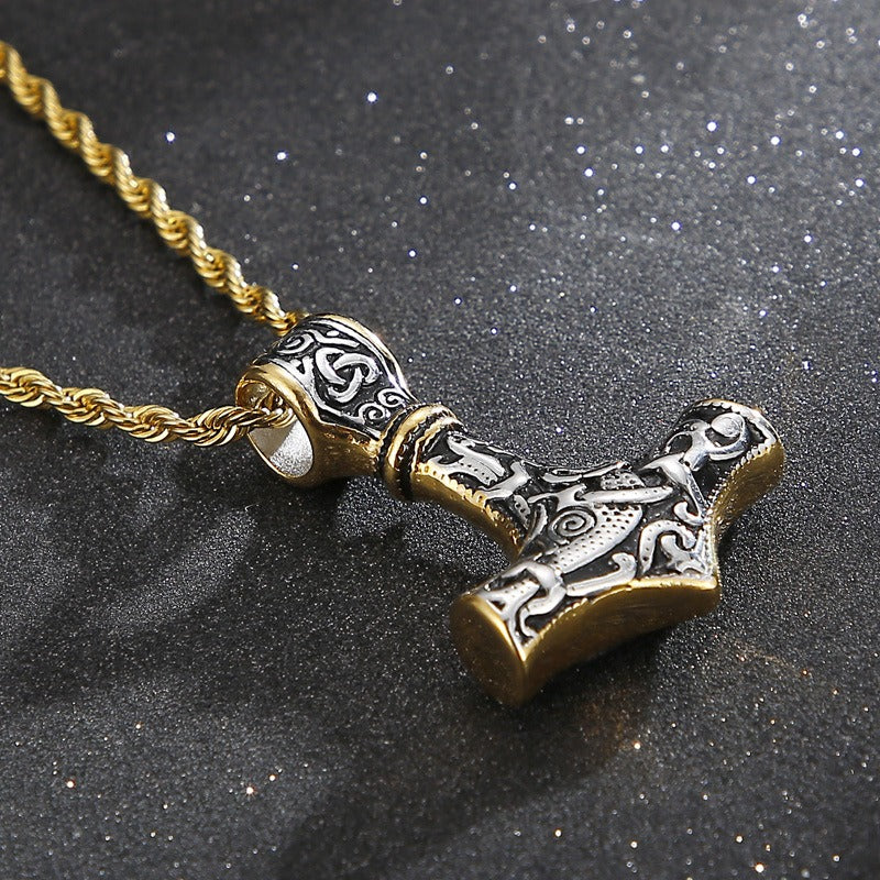 Kemstone Viking Thor’s Hammer Pendant – Stainless Steel Norse Amulet with Skull Connector KP96348