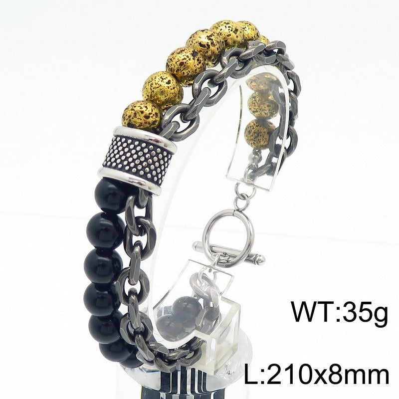Kemstone Tiger Eye & Turquoise Bead Bracelet – Dual-Layer Steel Chain Men’s Jewelry with Vintage Map Stone Vibe KB182645