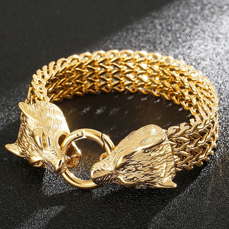 Pulsera Kemstone con calavera, lobo y cabeza de león - Cadena de acero de titanio con borde punk KB144489