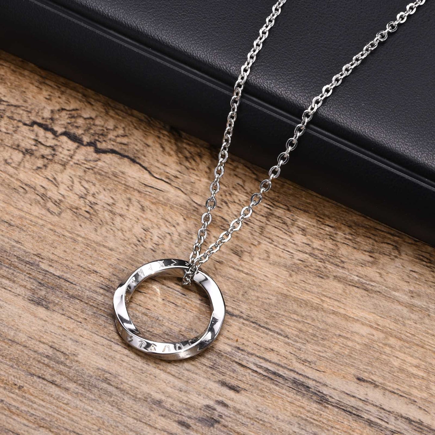 Kemstone Viking Rune Möbius Pendant Necklace – Stainless Steel Norse Circle Amulet PN-1708