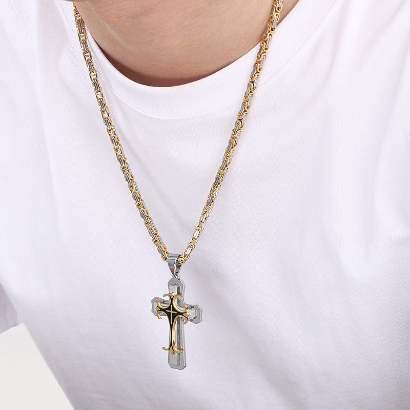 Kemstone Triple-Layer Gothic Cross Pendant Necklace – Stainless Steel Byzantine Chain KP78915