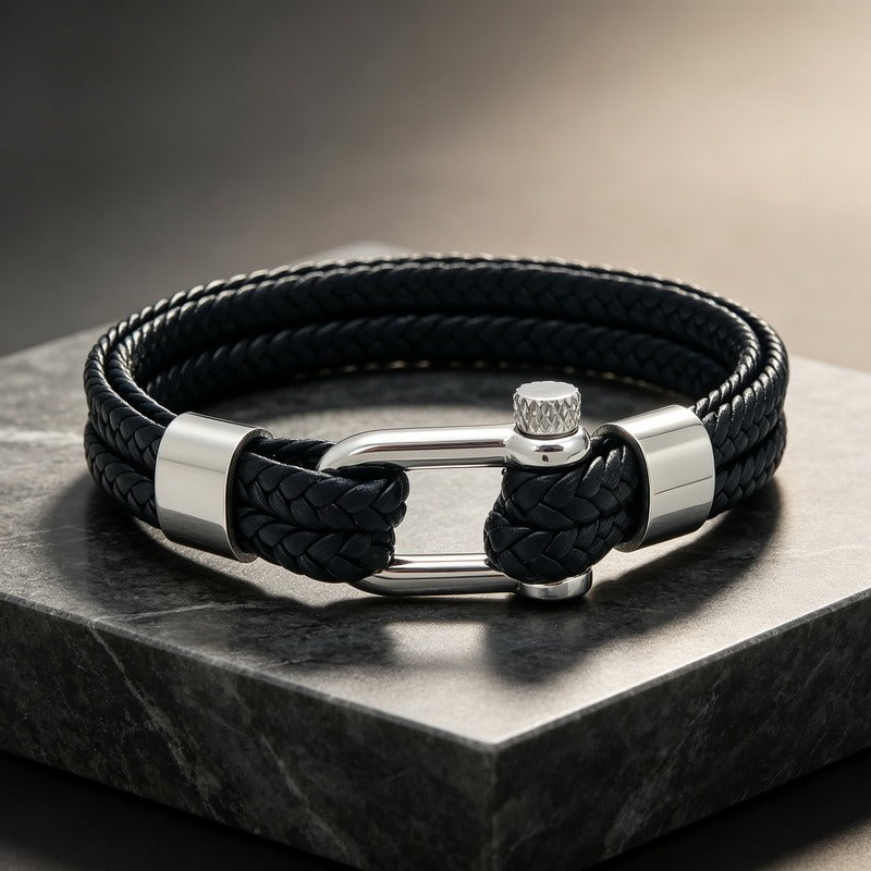 Kemstone Double Strand Braided Cord Bracelet for Men Stainless Steel Shackle Clasp KB214765-SJ