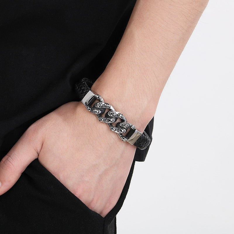 Kemstone Stainless Steel Skull Anchor Braided Leather Cuff Bracelet Punk Biker Style KB53392-K