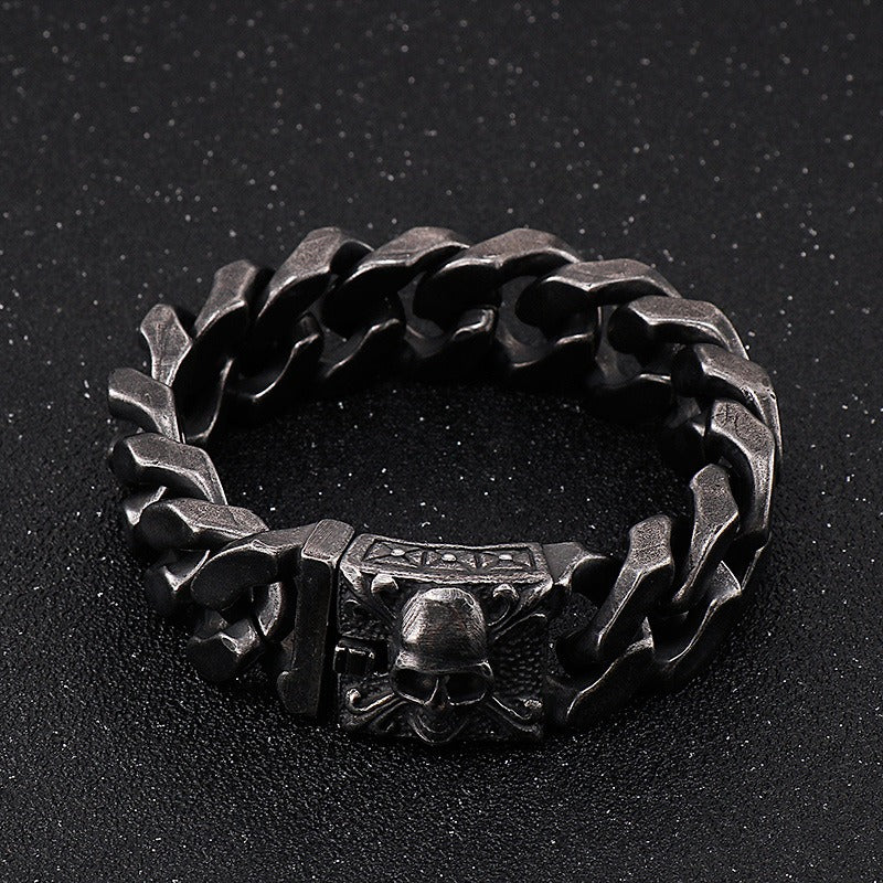 Kemstone Titanium Steel Skull Cuban Chain Bracelet – Bold Streetwear Men’s Accessory KB69725-BD