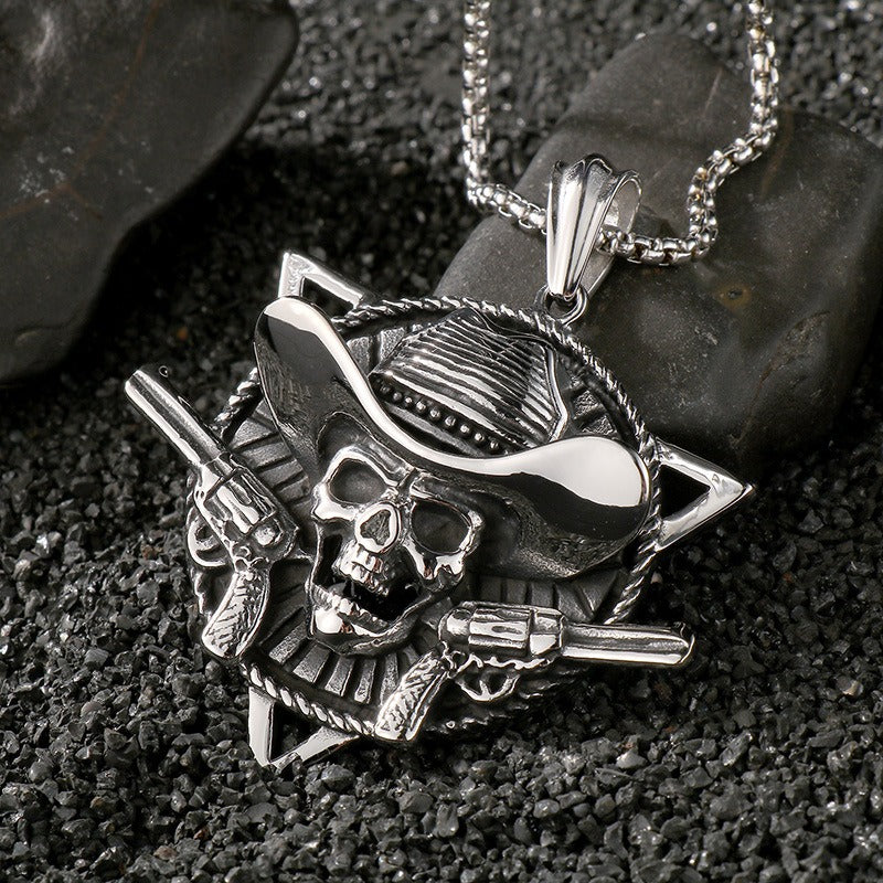 Kemstone Pirate Skull Pendant for Men – Punk Rock Sparrow & Anchor Necklace in Vintage Stainless Steel KP79431-BD