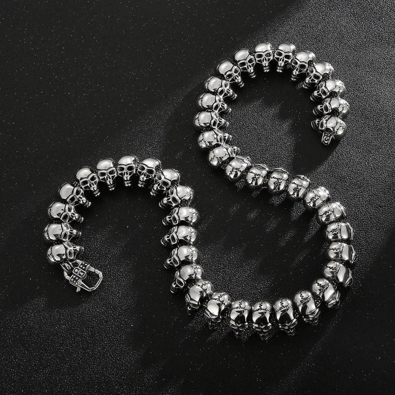 Kemstone Skull Link Chain Necklace & Bracelet – Stainless Steel Gothic Hip-Hop Jewelry KB29213-D