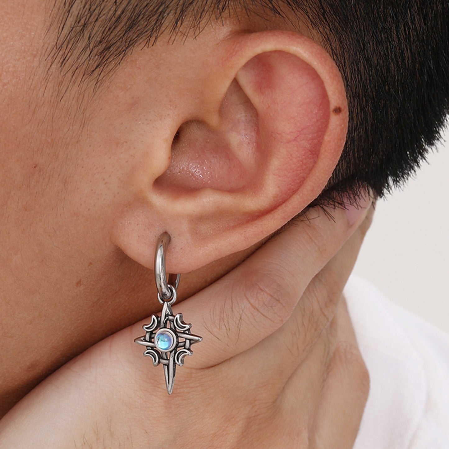 Kemstone Celtic Stainless Steel Moonstone Hoop Earring for Men – Gothic Star & Triquetra Drop Design 769