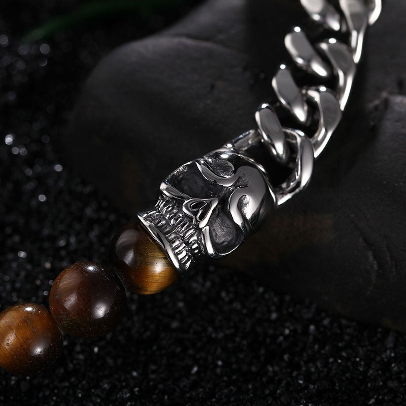 Kemstone Stainless Steel Skull & Volcanic Stone Mala Bracelet – Ethereal Energy Fusion KB66361