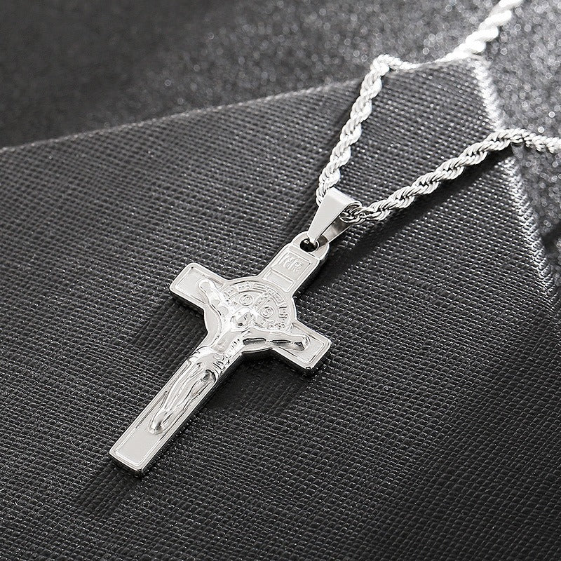 Kemstone Twisted Cross Pendant – Retro Titanium Steel Necklace for Men KP81525-K
