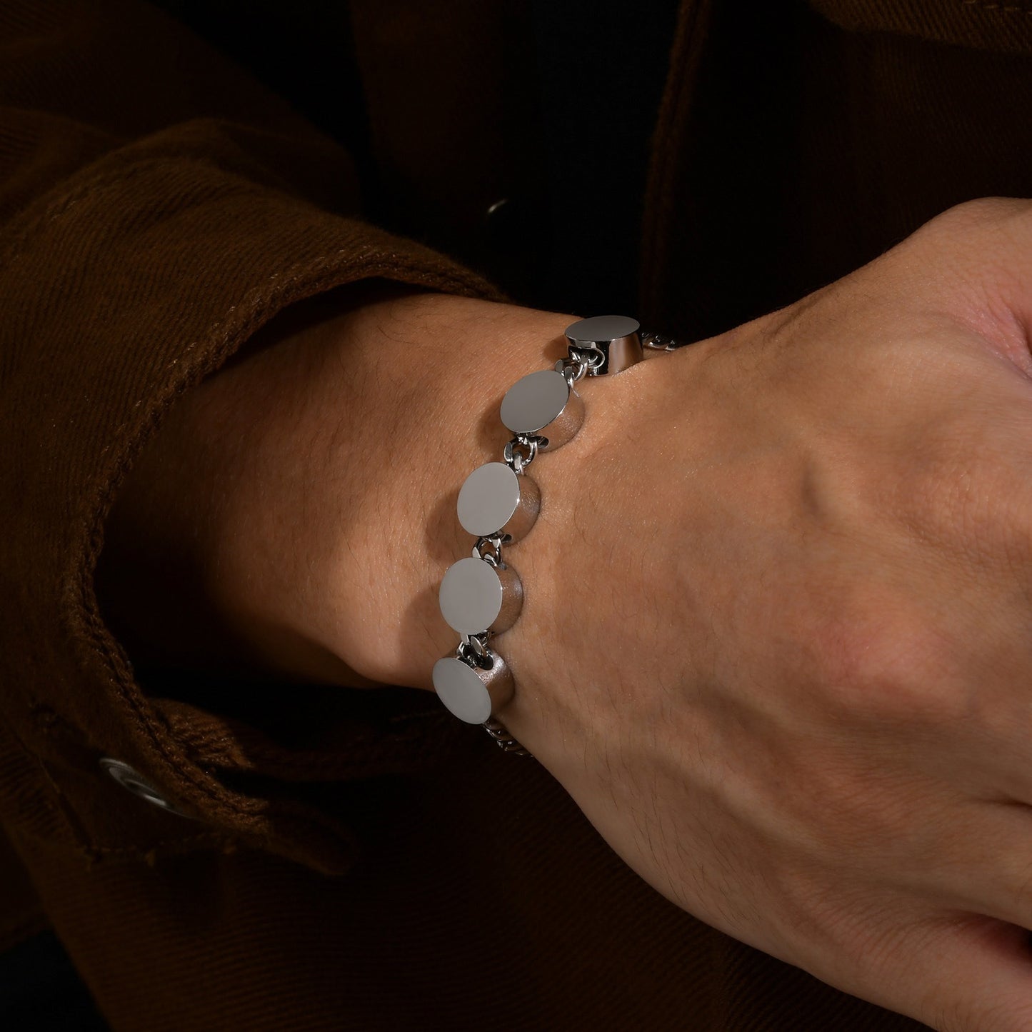 Kemstone Men’s Custom Engraving Stainless Steel Bracelet – Movable Round Charms on Cuban Chain BR-1451
