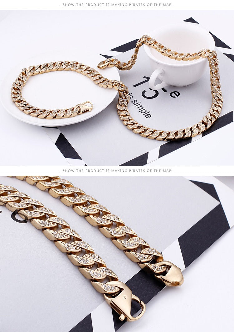 Kemstone Bold Cuban Link Chain - Stainless Steel Hiphop Necklace with Full-Cut Sparkling Stones KS102416-BD