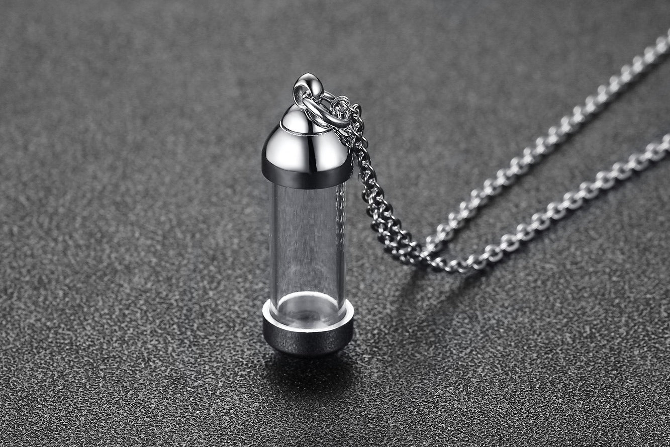 Kemstone Men’s Stainless Steel Glass Vial Pendant Necklace – Gothic Memorial Perfume Bottle Urn Amulet PN-716