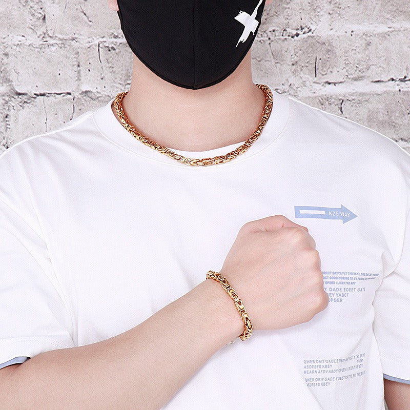 Kemstone Men’s V-Byzantine Stainless Steel Chain Set – Bold Hip Hop Link Necklace & Bracelet, 20–50cm KS141151-Z