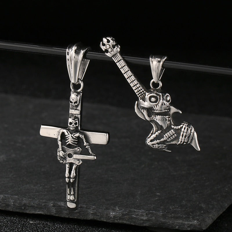 Kemstone Titanium Steel Skull Pendant Necklace with Musical Instruments – Hip Hop KP55730-BD