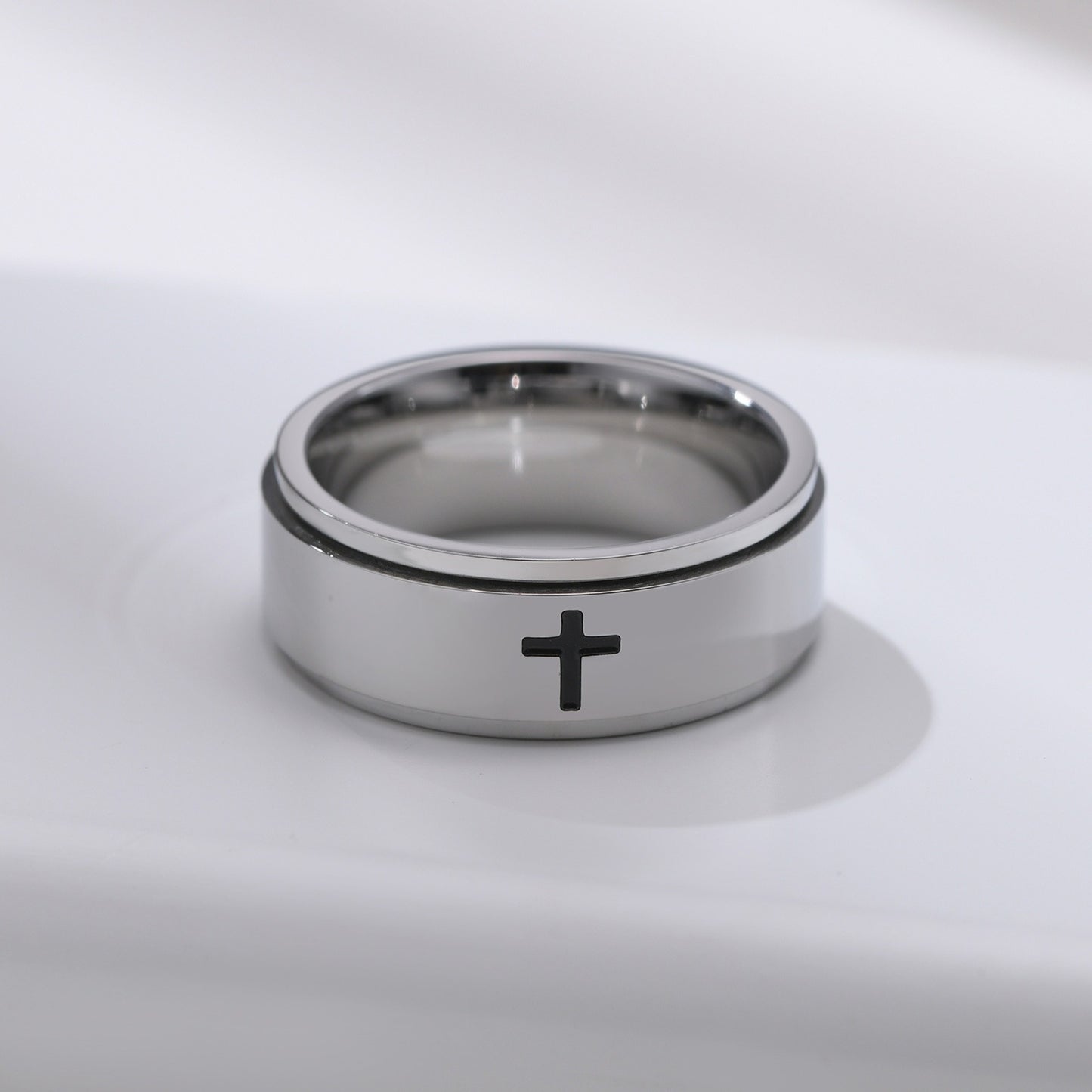 Kemstone Black Laser-Etched Cross Rotating Stainless Steel Ring – Gothic Industrial Men’s Jewelry R589