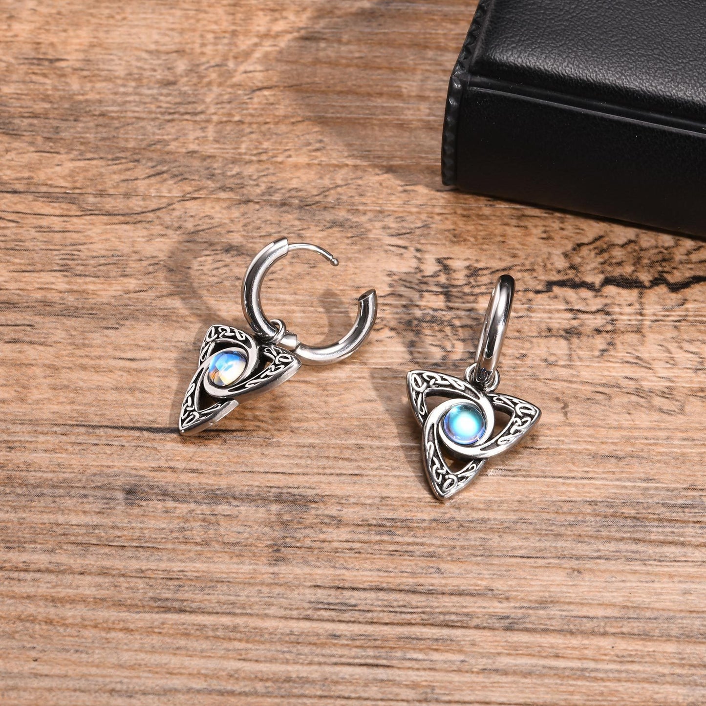 Kemstone Celtic Stainless Steel Moonstone Hoop Earring for Men – Gothic Star & Triquetra Drop Design 769