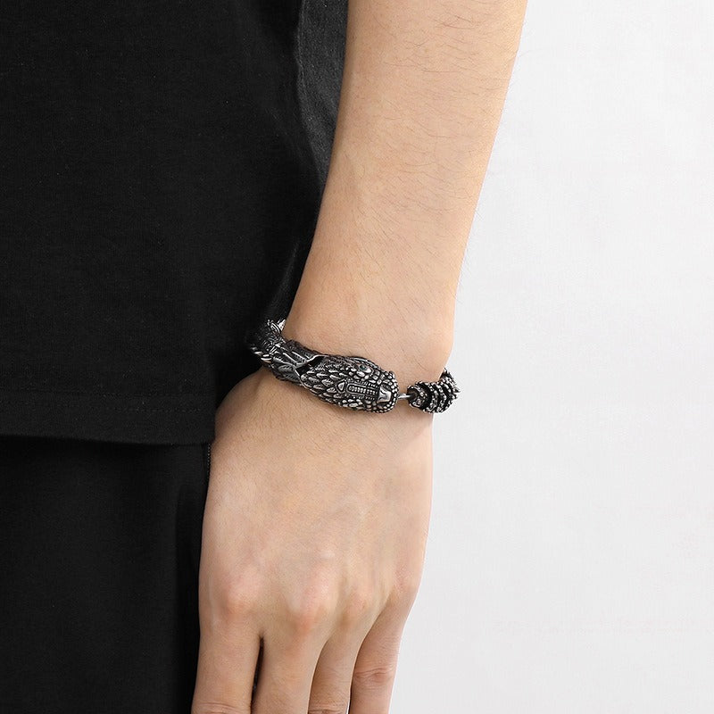 Kemstone Men’s Dragon Head Bracelet – Blackened Stainless Steel with Green Eyes KB170307