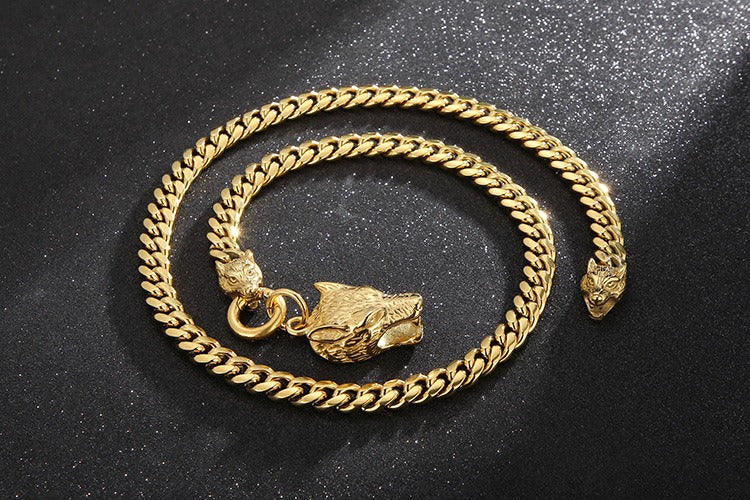 Set di catene in acciaio da uomo Kemstone - Bracciale e collana con testa di lupo per stile punk KB133023