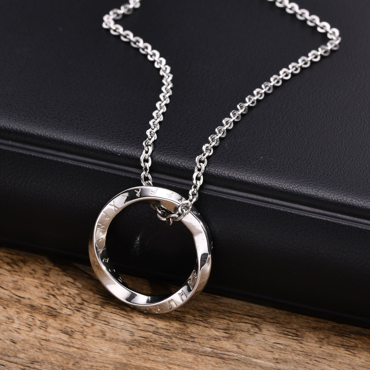Kemstone Viking Rune Möbius Pendant Necklace – Stainless Steel Norse Circle Amulet PN-1708