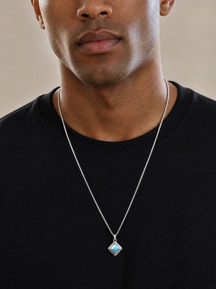 Kemston Tiger Eye Square Pendant Necklace for Men Stainless Steel Geometric Stone Design PN-2436