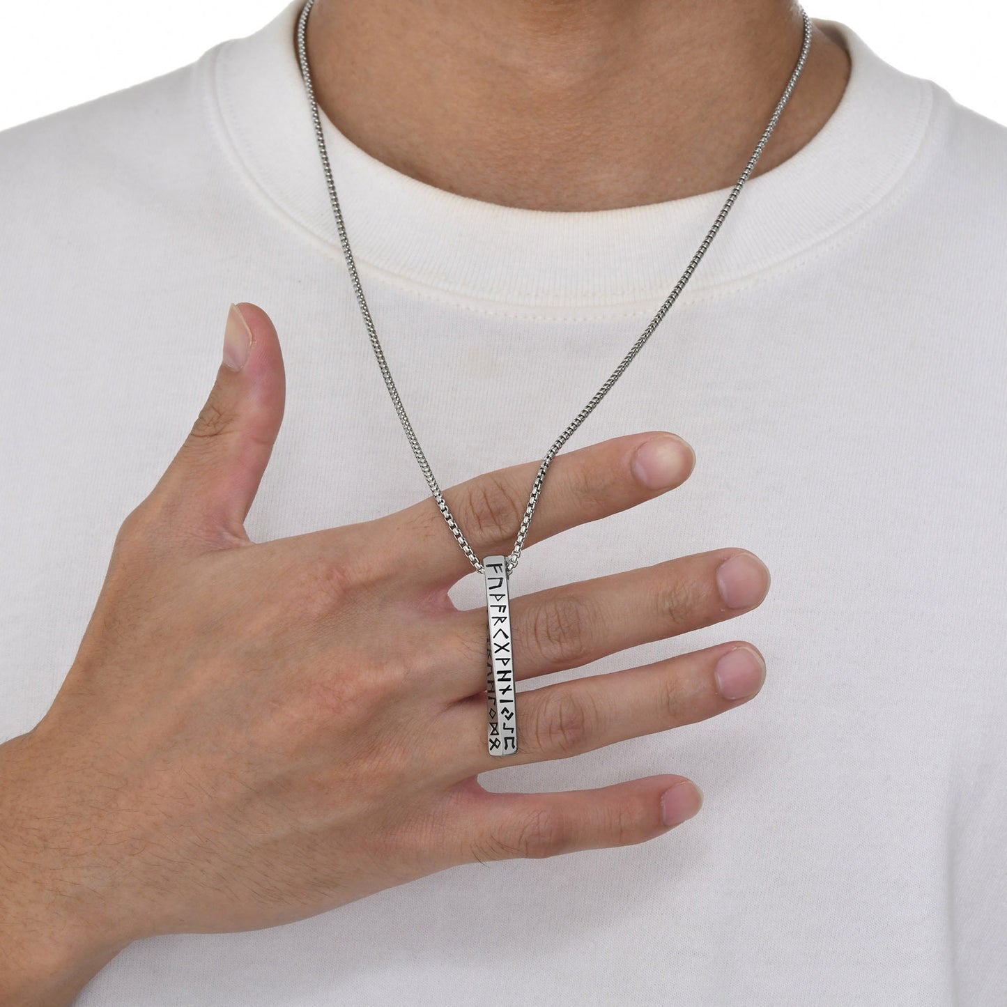 Kemstone Nordic Rune Bar Necklace – Stainless Steel Viking Pendant, Elder Futhark Engraving NC-1383