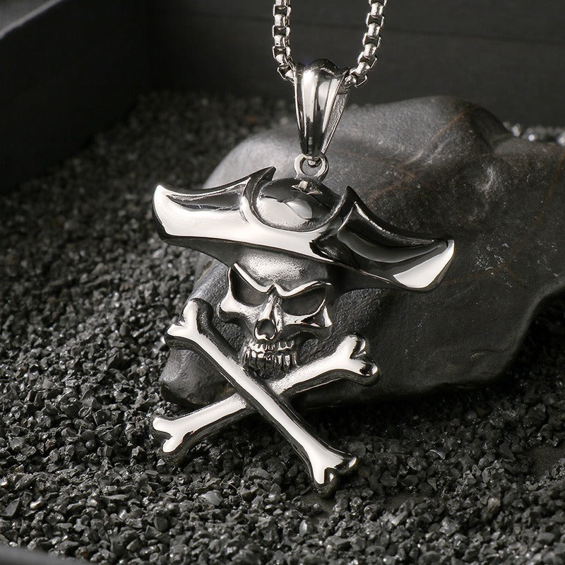 Kemstone Pirate Skull Pendant for Men – Punk Rock Sparrow & Anchor Necklace in Vintage Stainless Steel KP79431-BD