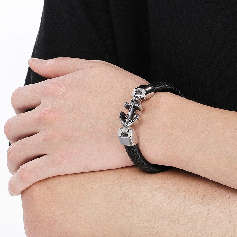 Kemstone Stainless Steel Skull Anchor Braided Leather Cuff Bracelet Punk Biker Style KB53392-K