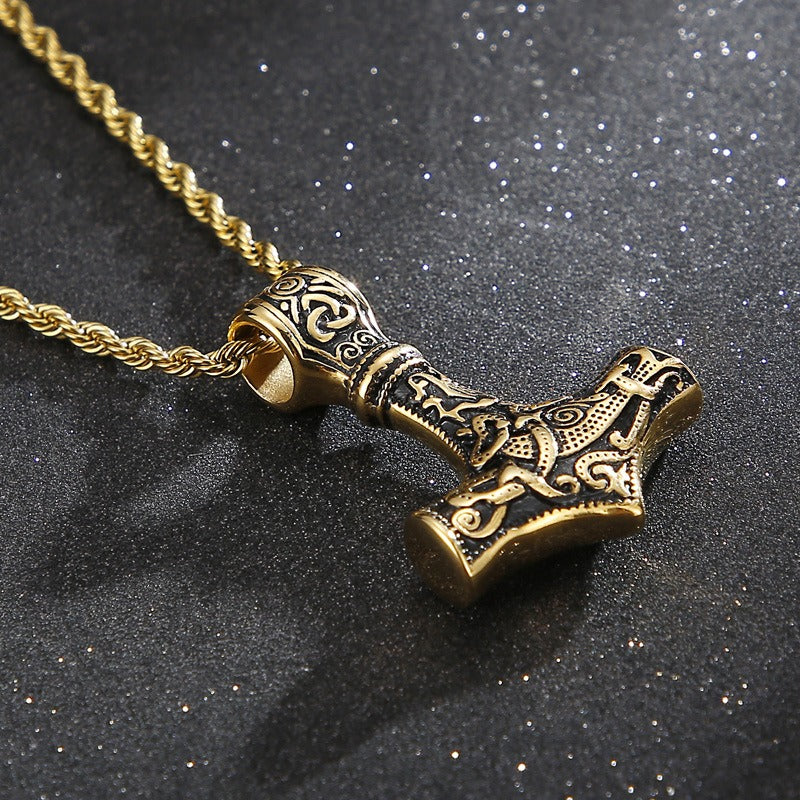 Kemstone Viking Thor’s Hammer Pendant – Stainless Steel Norse Amulet with Skull Connector KP96348