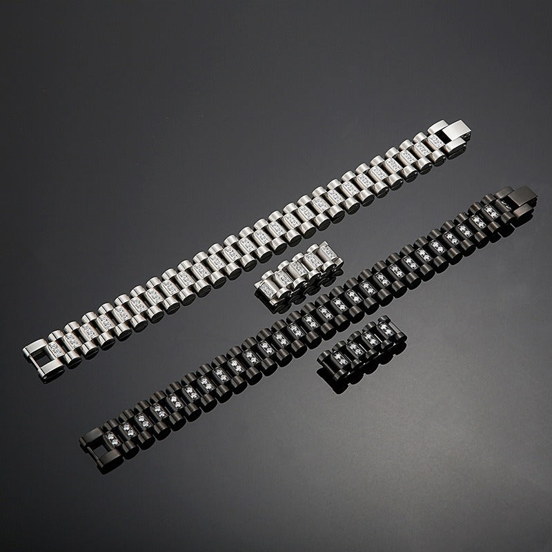 Kemstone Men’s Stainless Steel Zircon Watch Chain & Ring Set – 220mm Bracelet, 13mm Ring KB61656-K