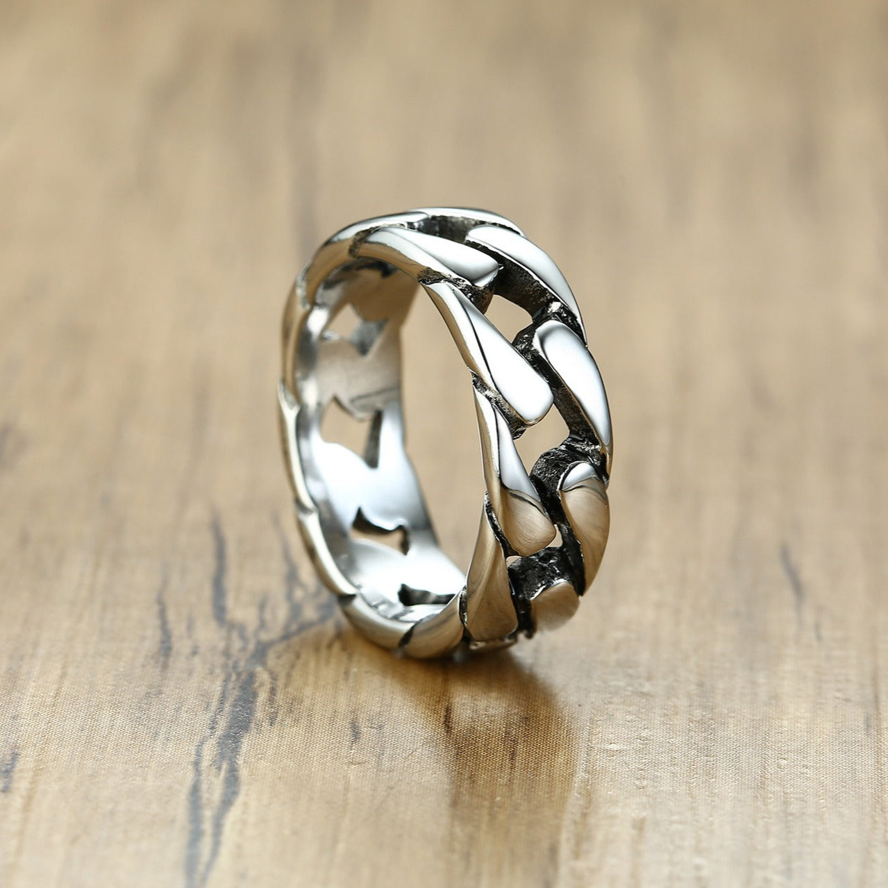 Kemstone Men’s Cuban Chain Titanium Steel Ring – Vintage Biker Link Band R-495